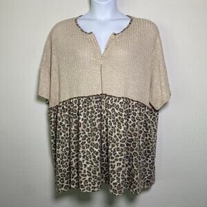 Haptics Leopard Print Tunic Ribbed Knit Top Color Block Women 1X Henley Babydoll